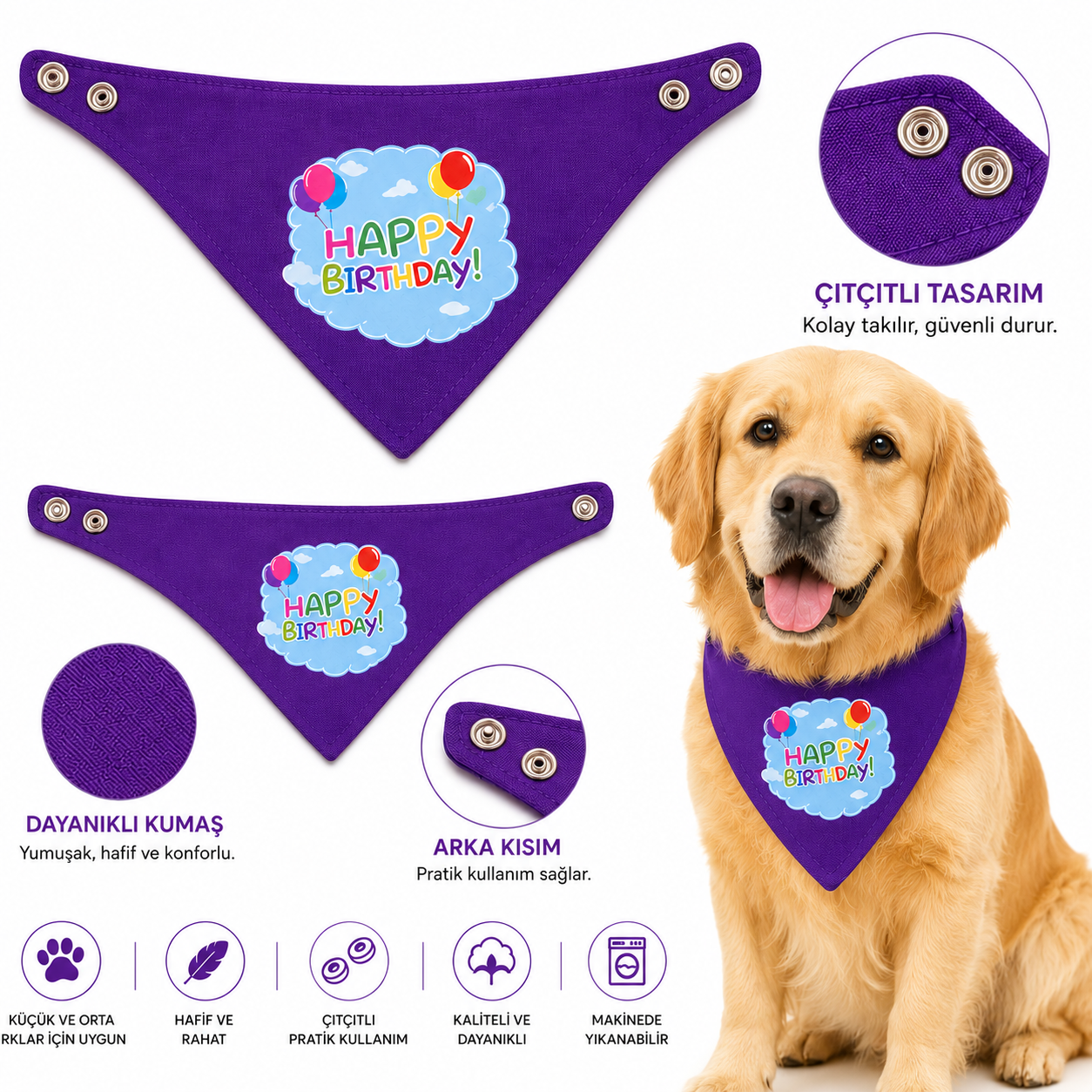 Happy Birthday Köpek ve Kedi Fuları Çıtçıtlı Doğum Günü Bandanası - Mor