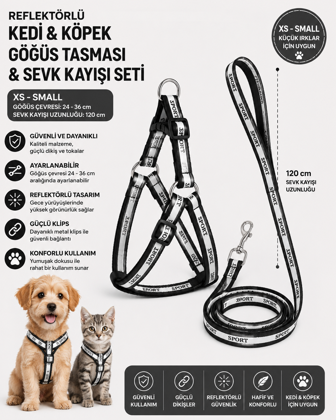 Reflektörlü Kedi ve Köpek Göğüs Tasması Sevk Kayışı Seti XS-S 24-36 cm 120 cm Kayış - Siyah