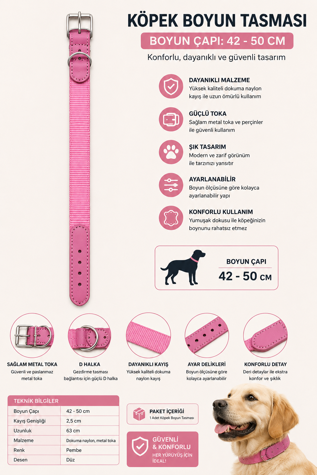 Köpek Boyun Tasması 42-50 cm Dokuma Naylon Deri Detaylı Metal Tokalı D Halkalı - Pembe