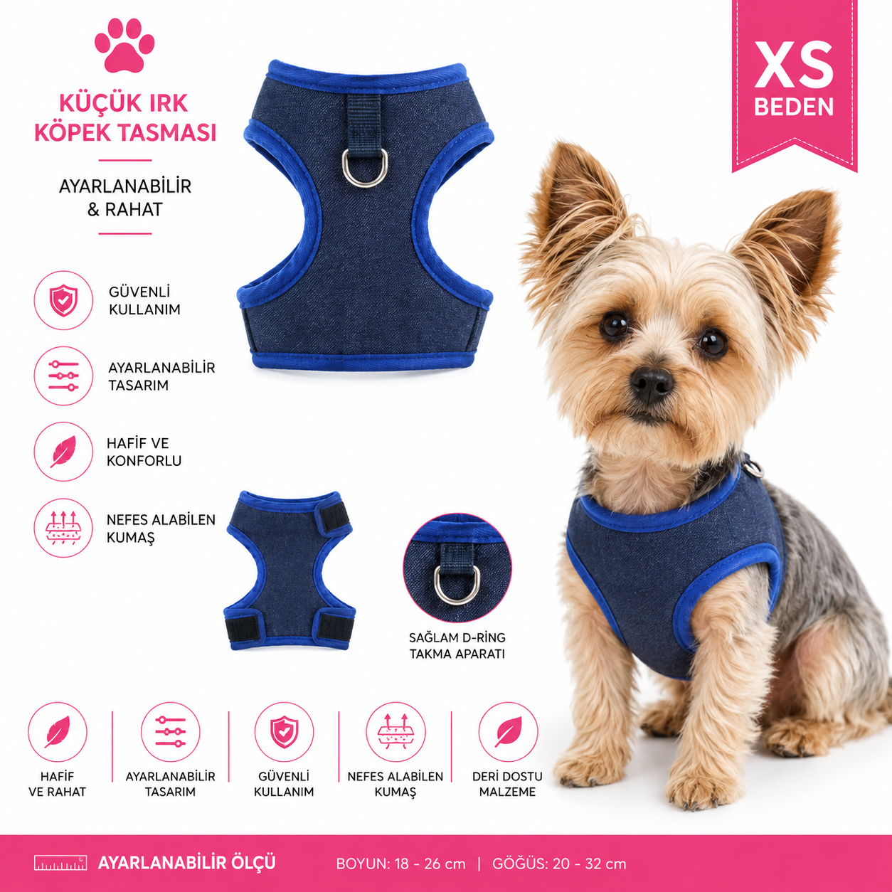 Küçük Irk Köpek Göğüs Tasması Yelek Tipi Kot Kumaş - XS Beden