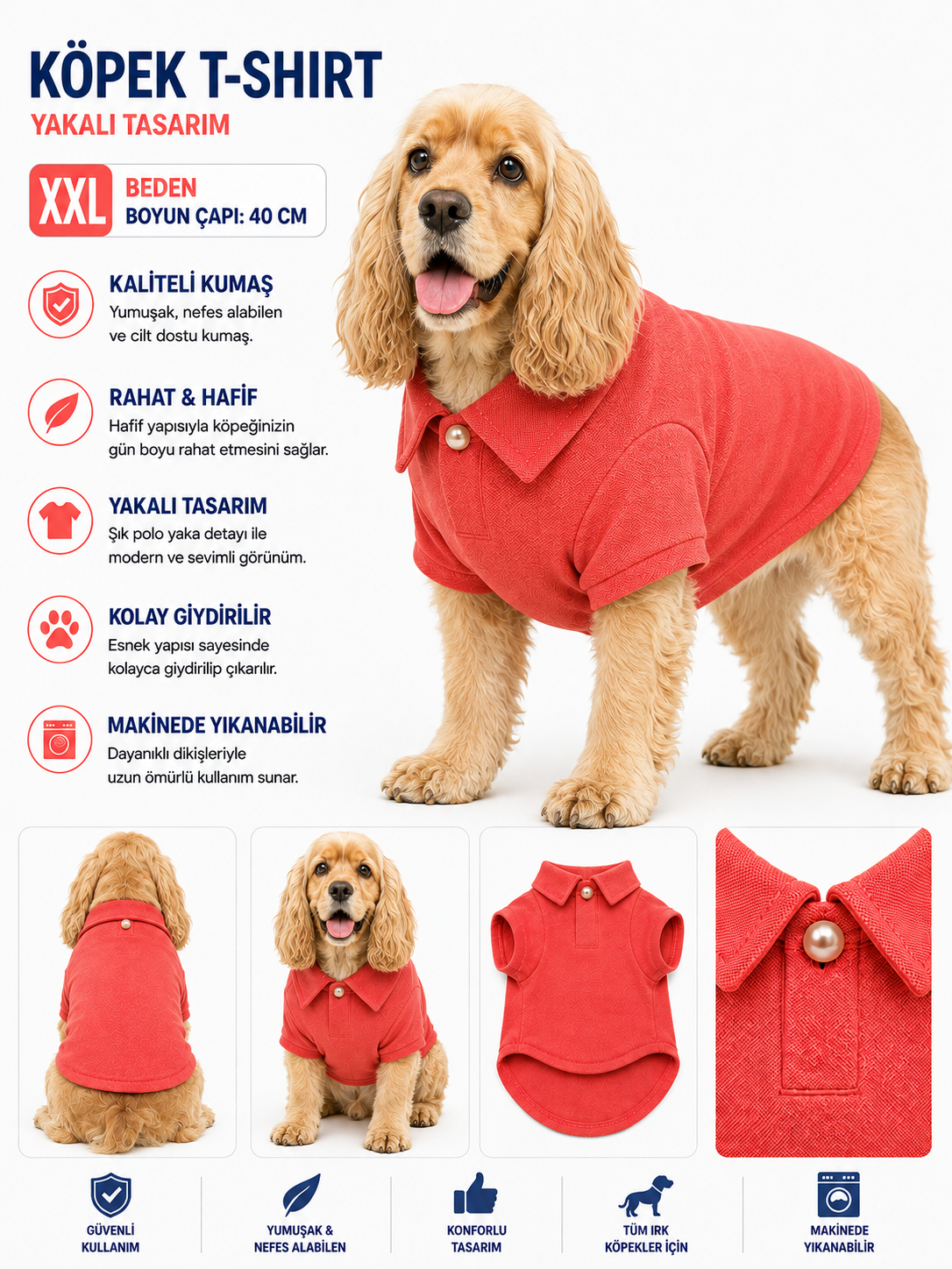 Köpek Polo Yaka Tişört XXL Beden Boyun Çapı 40 cm Nefes Alabilen Kumaş - Kırmızı