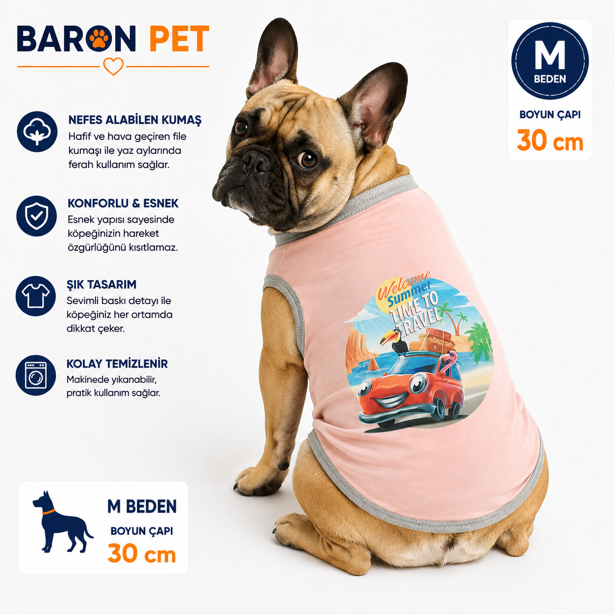 Köpek Tişörtü M Beden Boyun Çapı 30 cm Time To Travel Baskılı Kolsuz Atlet - Pembe