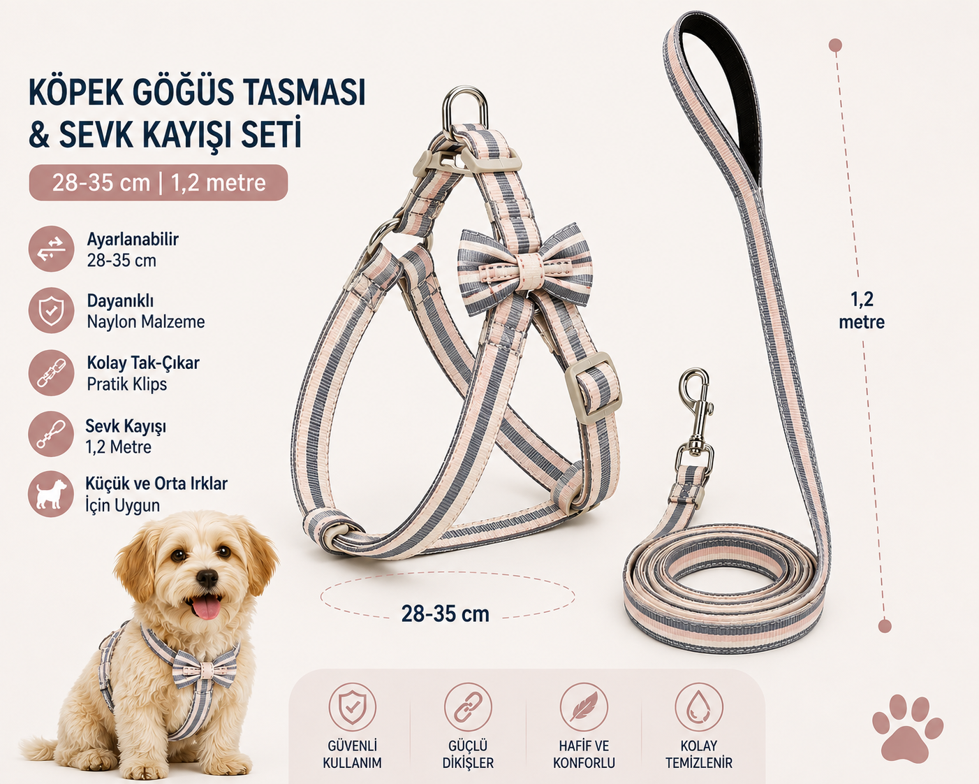 Köpek Göğüs Tasması ve Sevk Kayışı Seti 28-35 cm Desenli Papyonlu 1,2 Metre Kayış - Gri Pembe