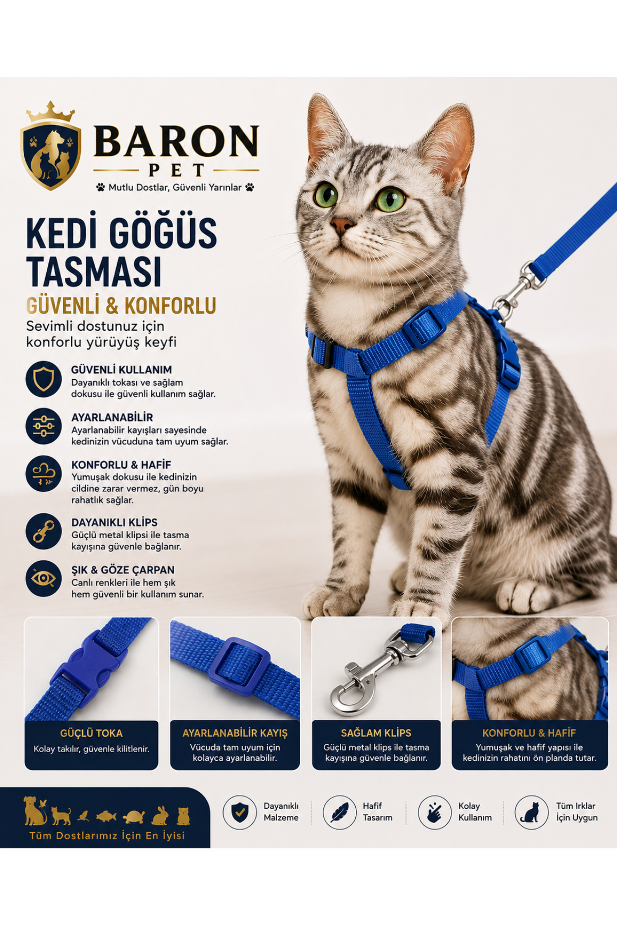 Kedi Göğüs Tasması ve Gezdirme Kayışı Seti Saks Mavisi Düz Ayarlanabilir