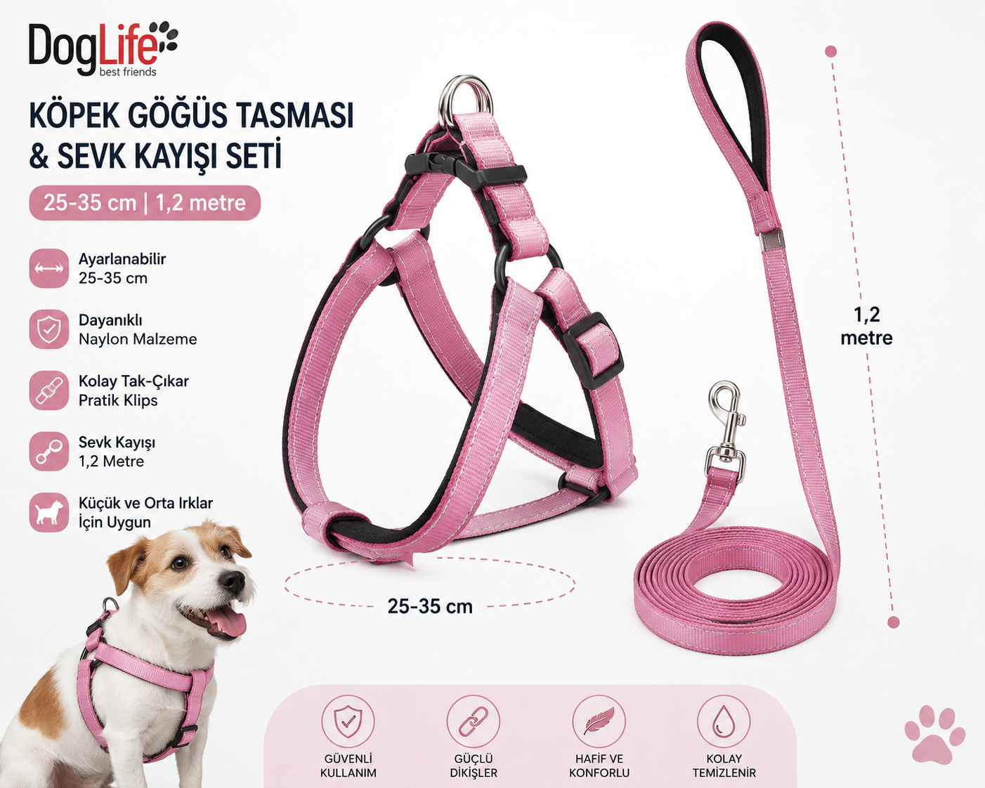 Köpek Göğüs Tasması ve Sevk Kayışı Seti 25-35 cm Reflektörlü 1,2 Metre Kayış - Pembe