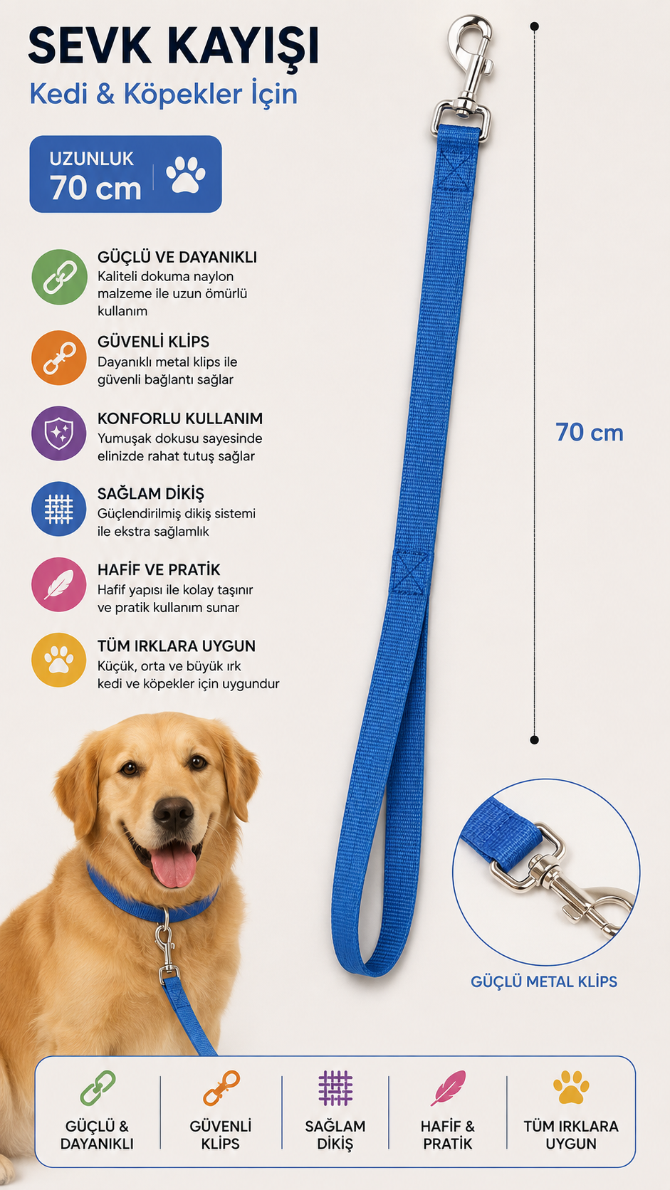 Kedi ve Köpek Sevk Kayışı 70 cm Dokuma Naylon Metal Klipsli Kısa Gezdirme Kayışı - Mavi