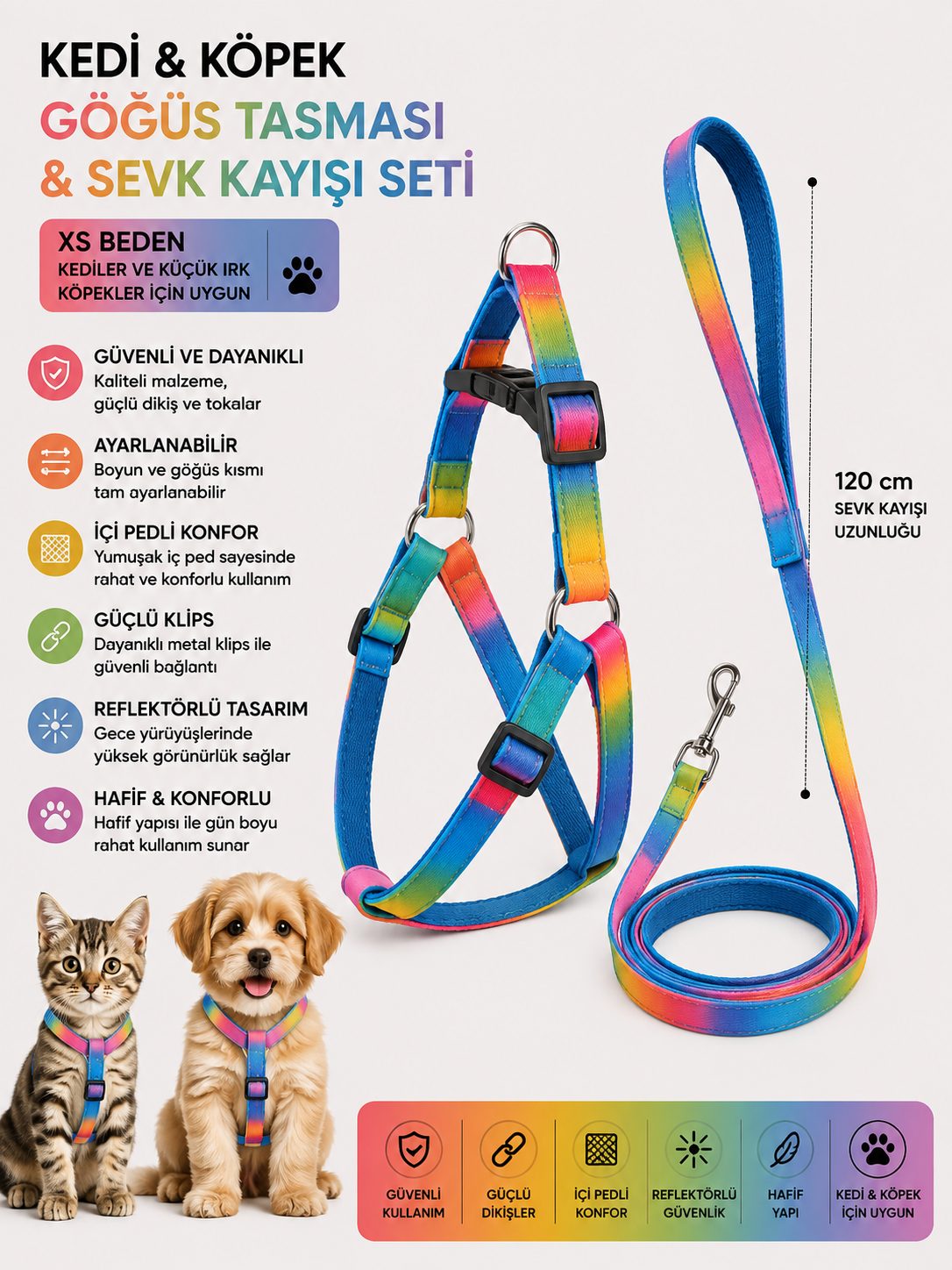 İçi Pedli Reflektörlü Kedi ve Köpek Göğüs Tasması Sevk Kayışı Seti XS Beden 120 cm - Canlı Gökkuşağı