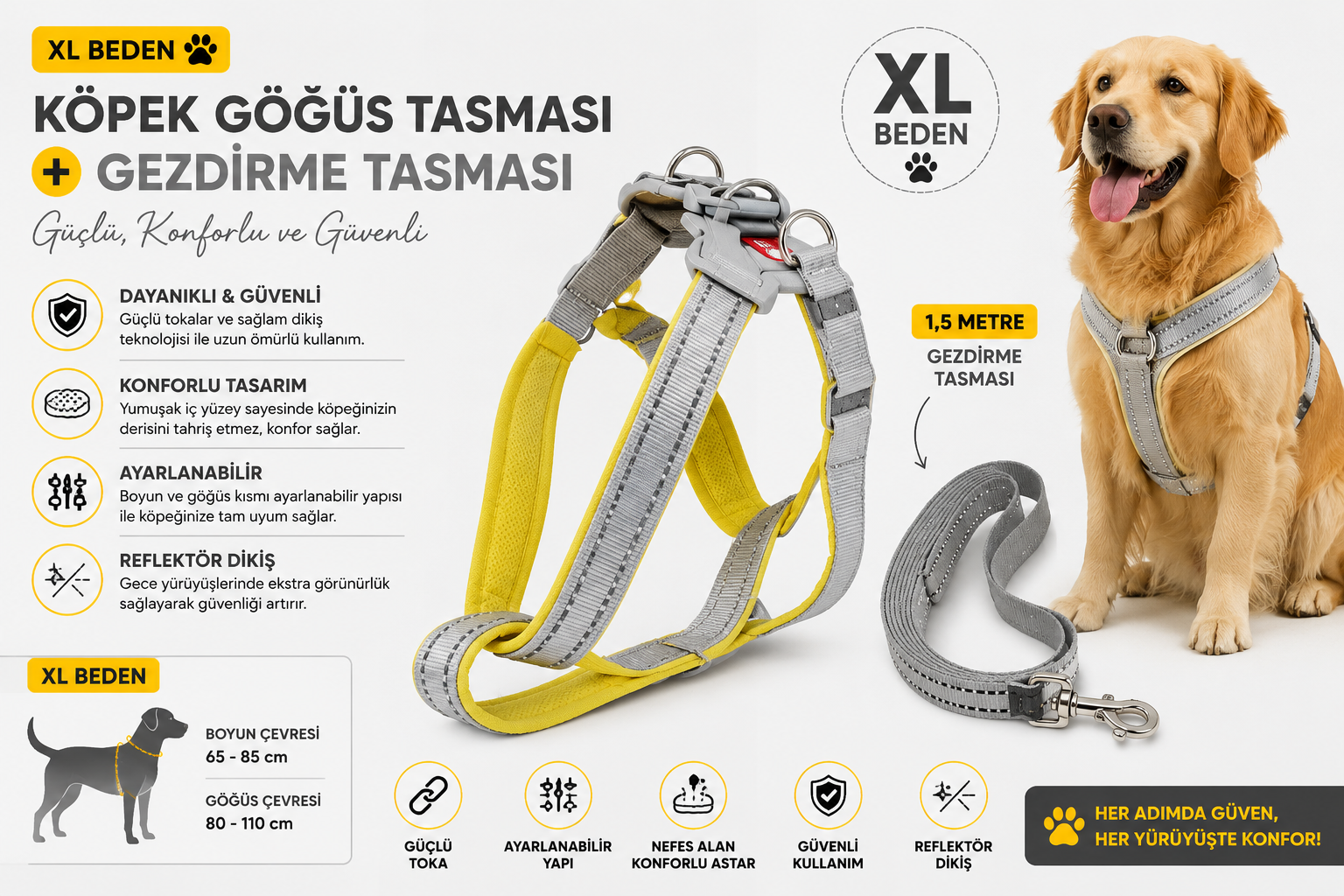 Köpek Göğüs Tasması ve Gezdirme Tasması Seti XL Beden Reflektörlü - Sarı Gri
