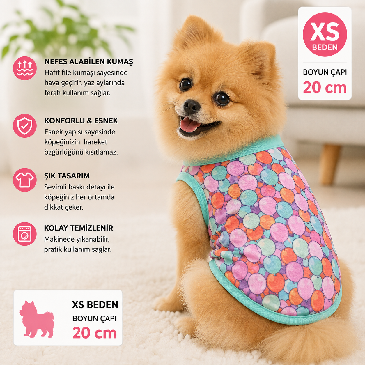 Köpek Tişörtü XS Beden Boyun Çapı 20 cm Balon Desenli Kolsuz Atlet - Çok Renkli
