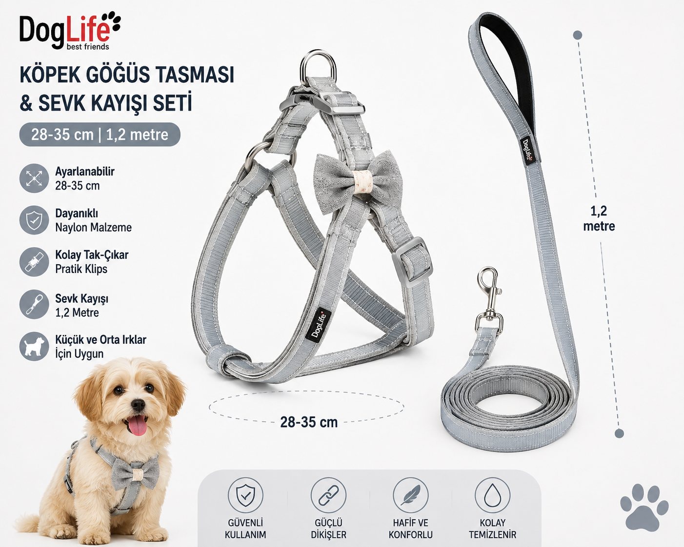 Köpek Göğüs Tasması ve Sevk Kayışı Seti 28-35 cm Çizgili Papyonlu 1,2 Metre Kayış - Pembe Gri