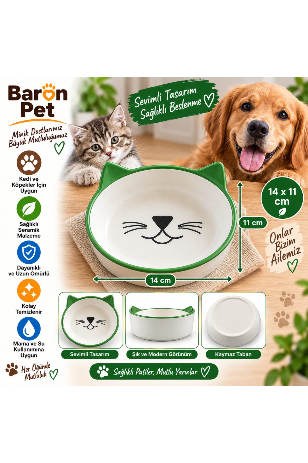 Baron Pet Kedi Köpek Seramik Mama ve Su Kabı 14x11 Cm Kedi Kulaklı Oval Kaymaz Tabanlı - Yeşil