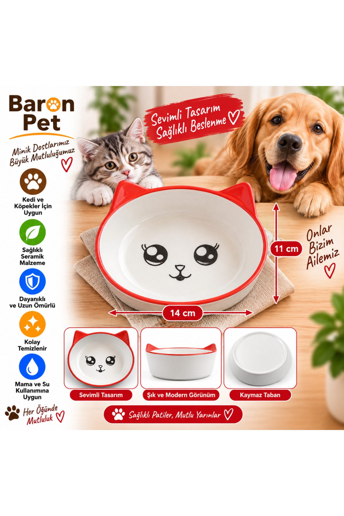 Baron Pet Kedi Köpek Seramik Mama ve Su Kabı 14x11 Cm Kedi Kulaklı Oval Kaymaz Tabanlı - Kırmızı