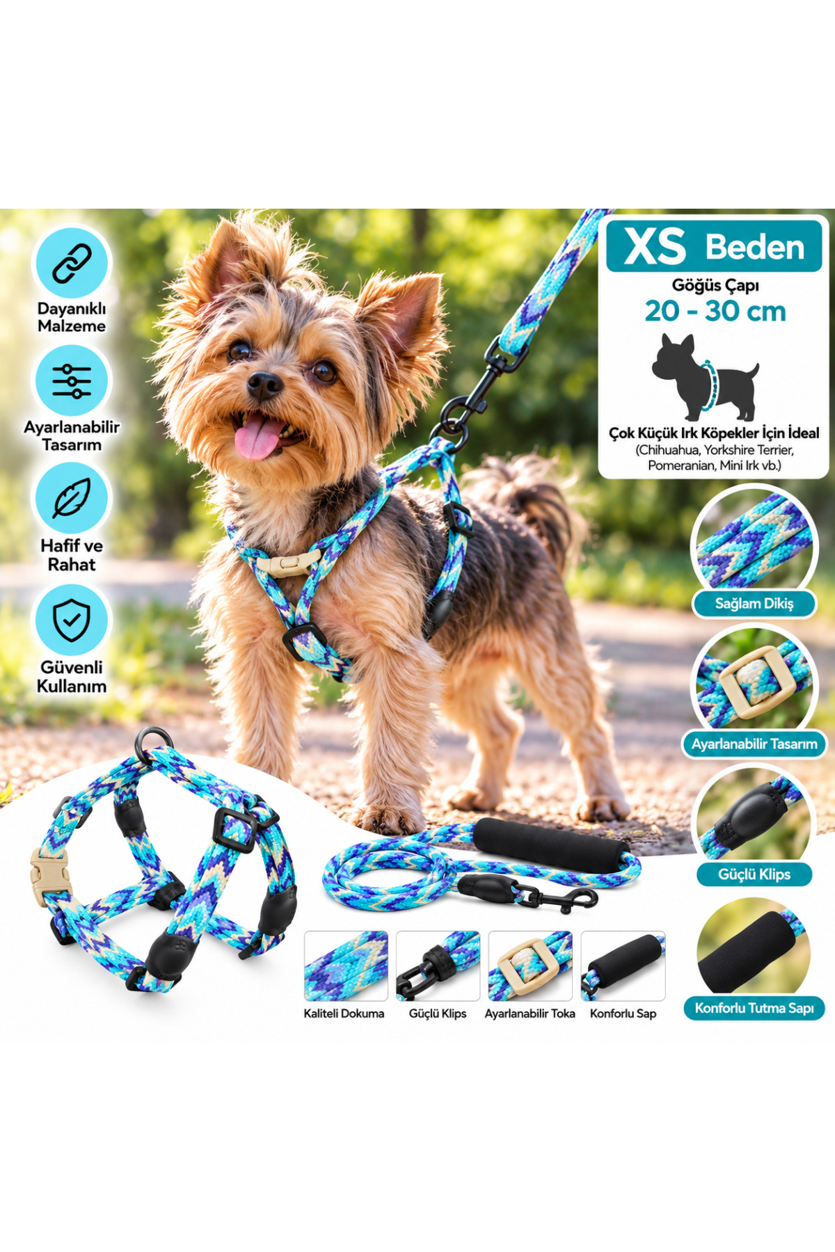Ally Paws Köpek Göğüs Tasması ve Gezdirme Kayışı Seti XS Beden 6mm x 120cm - Mavi Mor