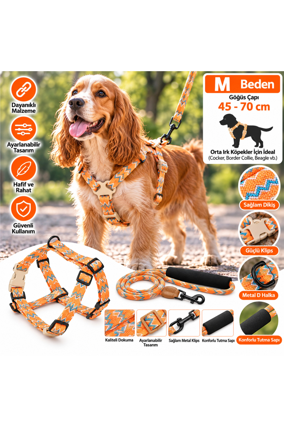 Ally Paws Köpek Göğüs Tasması ve Gezdirme Kayışı Seti M Beden 10mm x 120cm - Turuncu