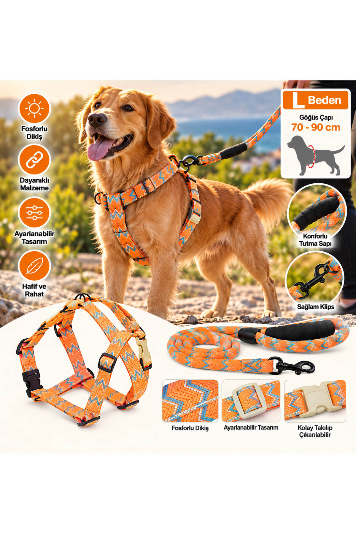 Ally Paws Köpek Göğüs Tasması ve Gezdirme Kayışı Seti L Beden 12mm x 120cm