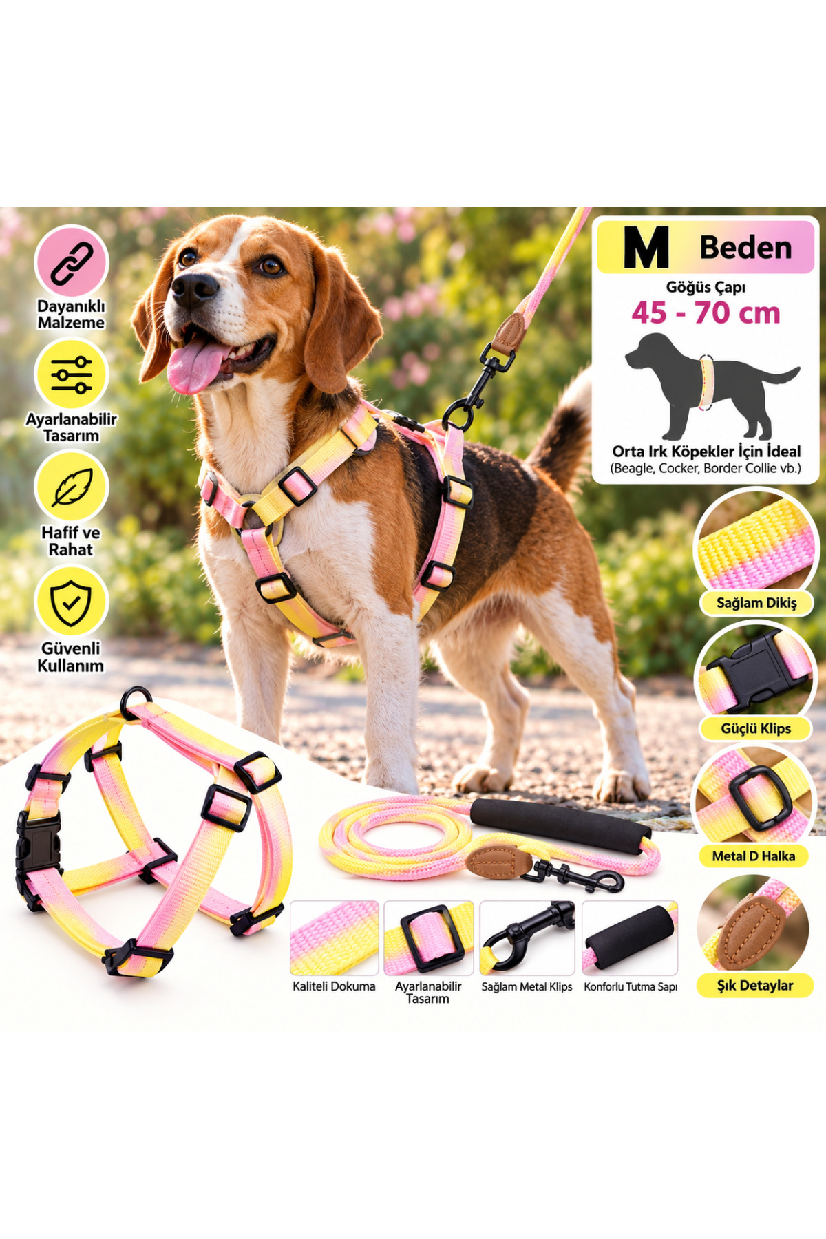 Ally Paws Köpek Göğüs Tasması ve Gezdirme Kayışı Seti M Beden 10mm x 120cm - Sarı Pembe