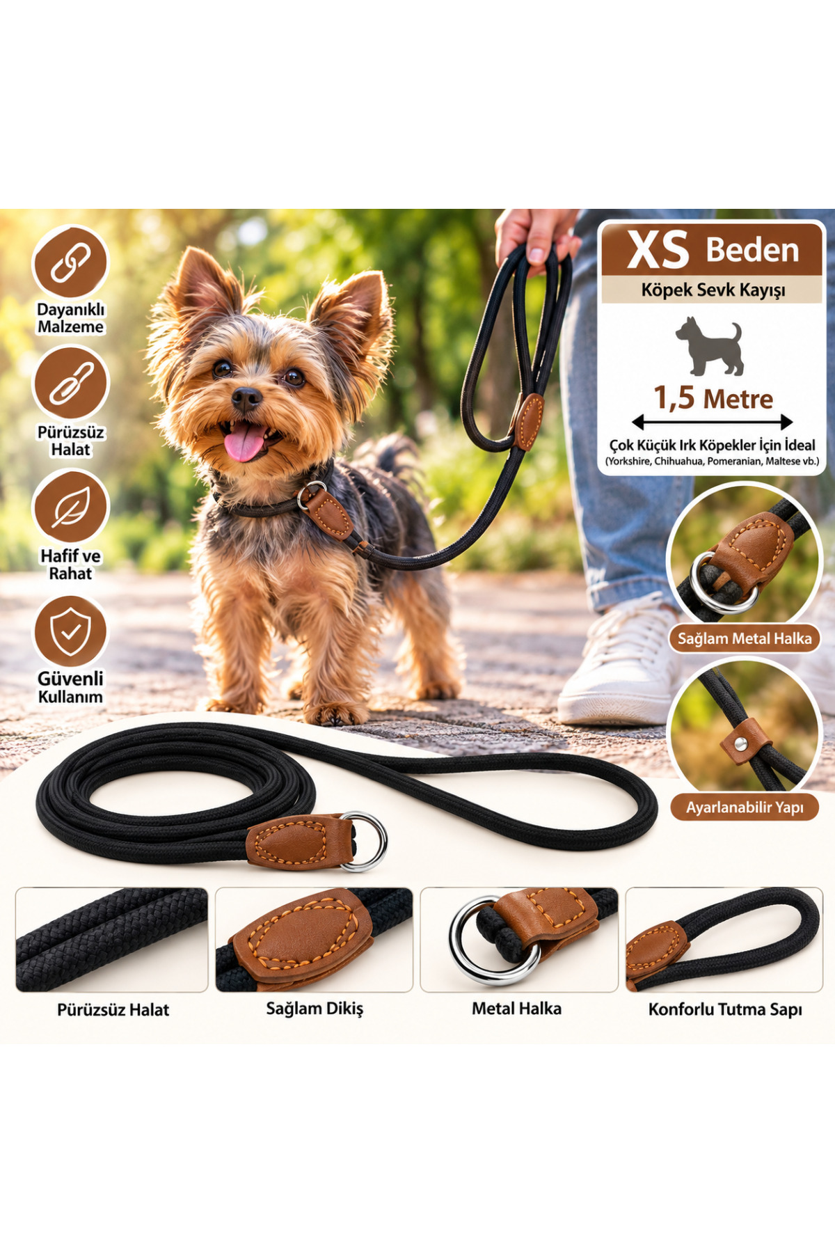 Ally Paws Köpek Sevk Kayışı Gezdirme Tasması XS 6mm x 150cm - Siyah