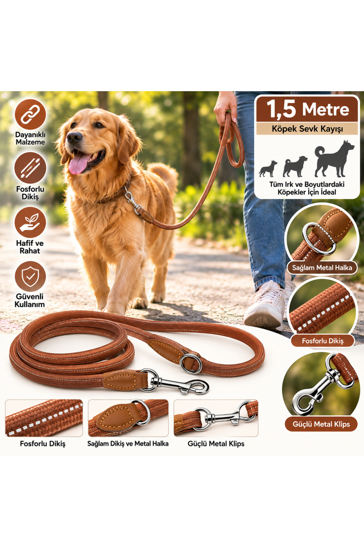 Ally Paws Köpek Sevk Kayışı Gezdirme Tasması 8mm x 150cm - Kahverengi