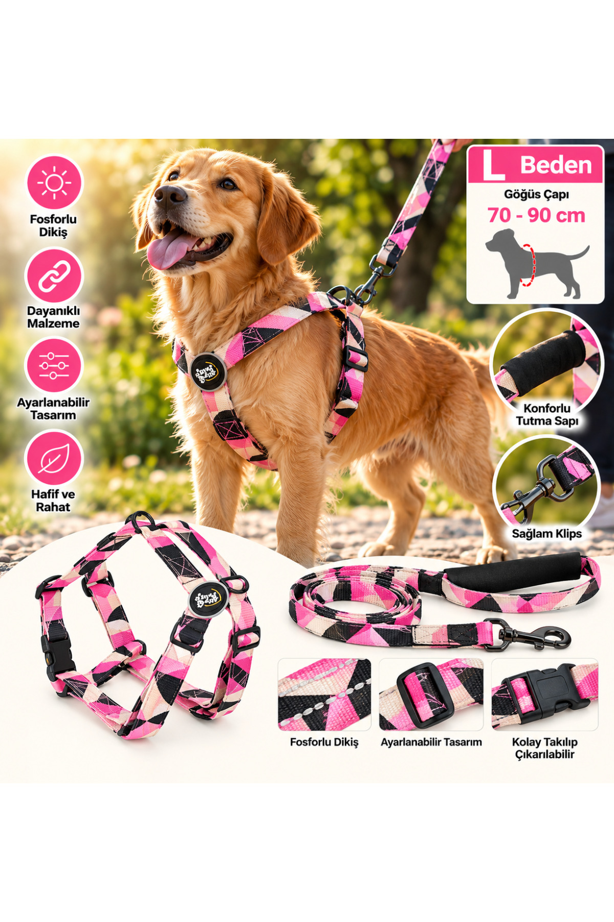 Ally Paws Köpek Göğüs Tasması ve Gezdirme Kayışı Seti L Beden 2,5cm x 120cm