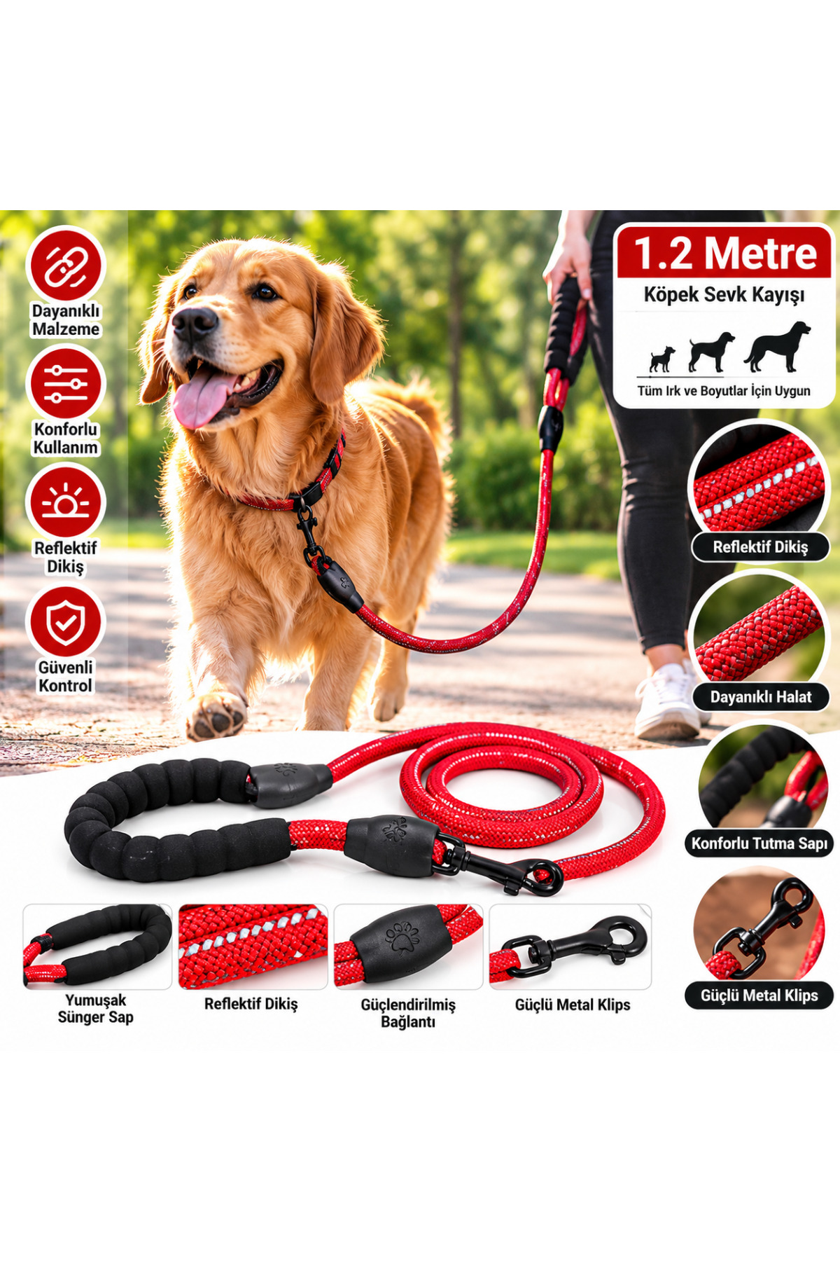 Doglife Soft Tutmalı Reflektörlü Köpek Sevk Kayışı Gezdirme Tasması 120cm 8mm - Kırmızı
