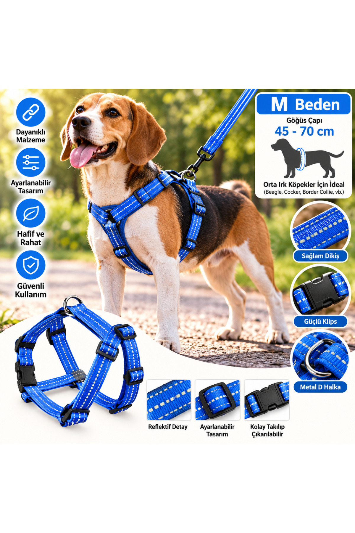 Doglife Köpekler İçin Fosforlu Göğüs Tasması ve Gezdirme Kayışı Seti 2,0cm M Beden - Mavi