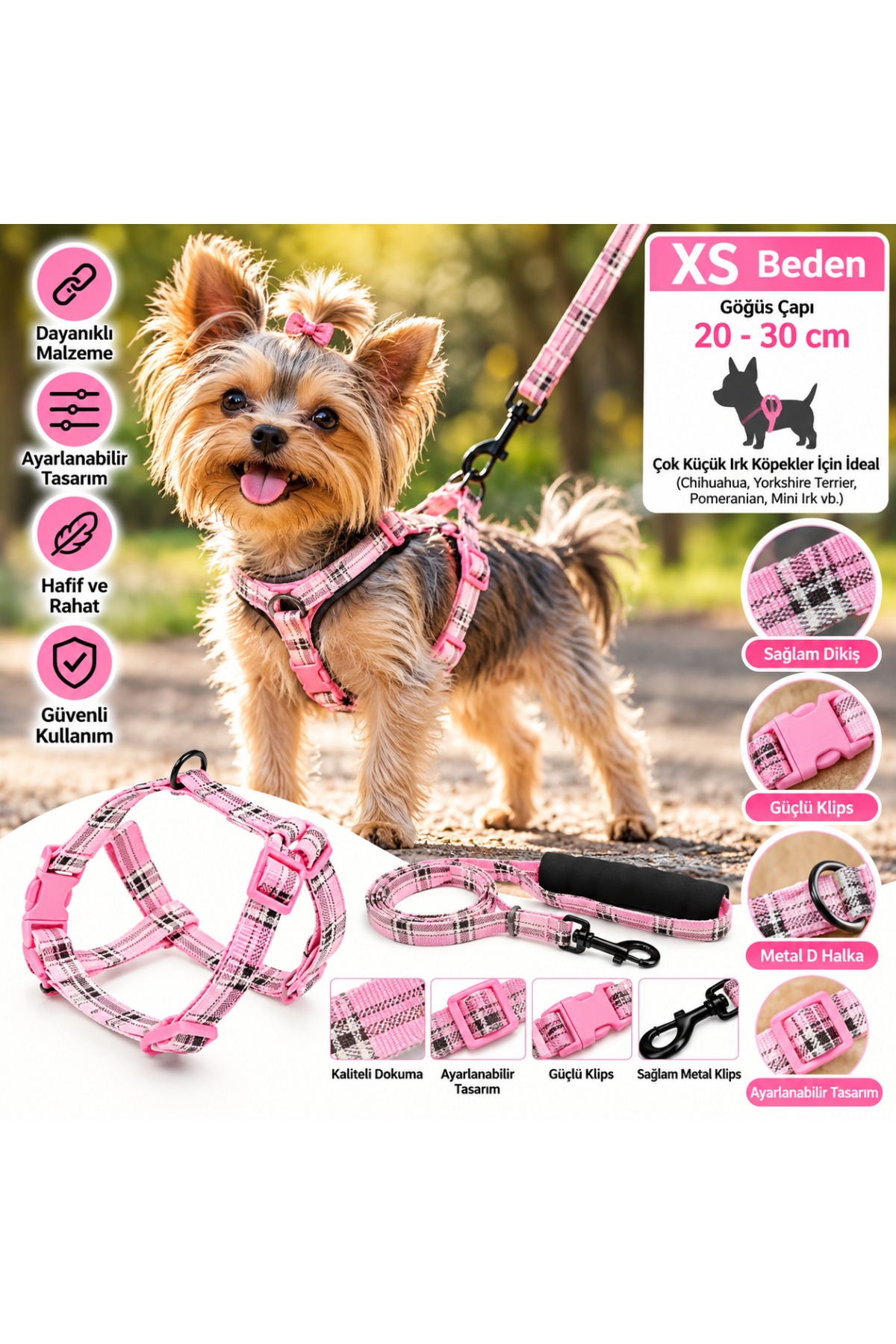 Doglife Köpekler İçin Desenli Göğüs Tasması ve Gezdirme Kayışı Seti 1,0cm XS Beden - Pembe Ekose