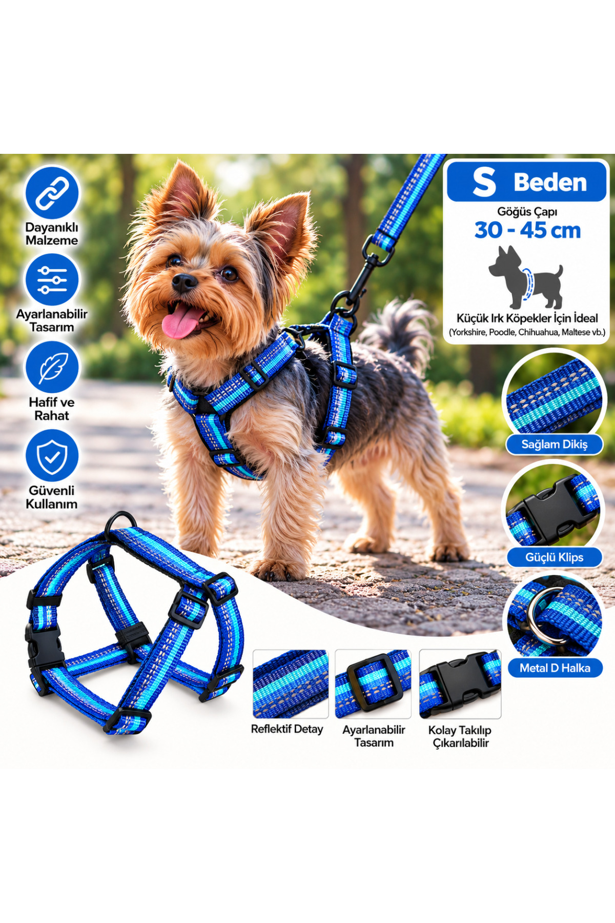 Doglife Köpekler İçin Reflektörlü Göğüs Tasması ve Gezdirme Kayışı Seti 1,5cm S Beden - Mavi