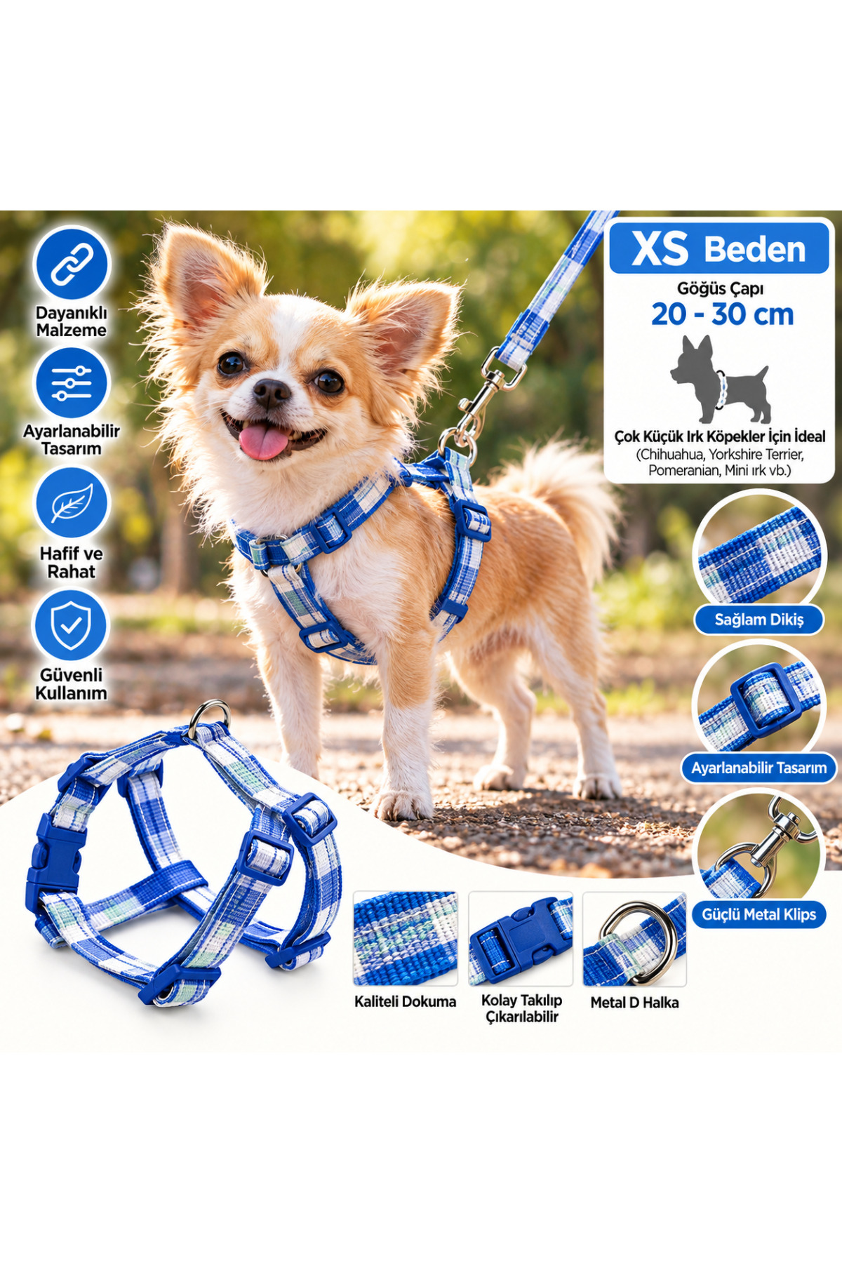 Doglife Köpekler İçin Ekose Desenli Göğüs Tasması ve Gezdirme Kayışı Seti 1,0cm XS Beden - Mavi