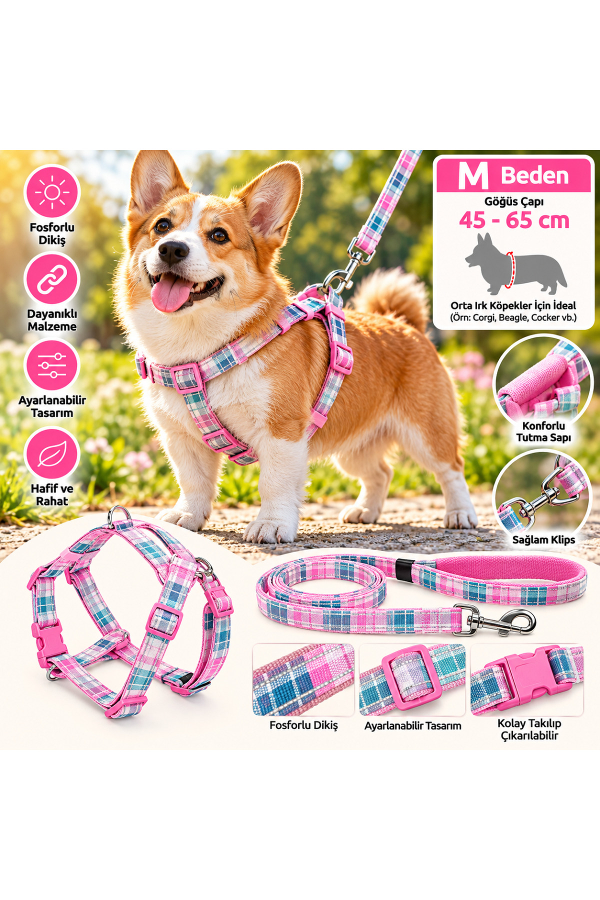 Doglife Köpekler İçin Ekose Desenli Göğüs Tasması ve Gezdirme Kayışı Seti M Beden 2,0cm