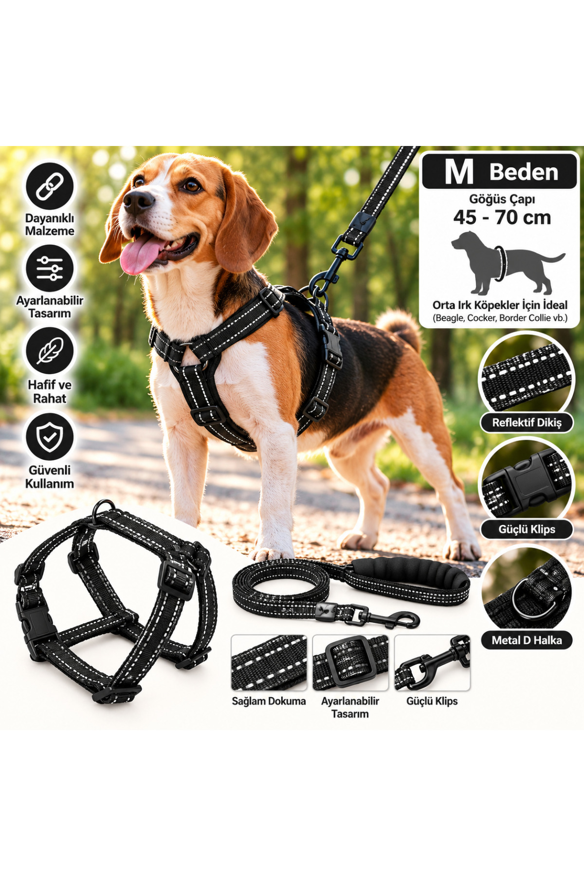 Doglife Köpekler İçin Göğüs + Fitil Gezdirme Tasması Seti 10mm M Beden - Siyah Reflektif